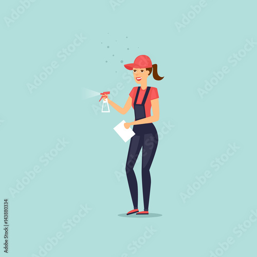 Worker dressed in uniform of cleaning service with a spray. Vector illustration flat style. 