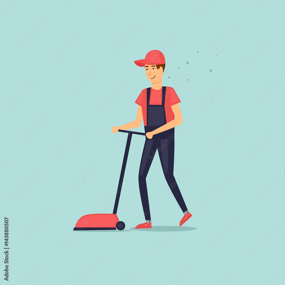 Cleaning company character with cleaning equipment. Scrubber. Vector illustration flat style.