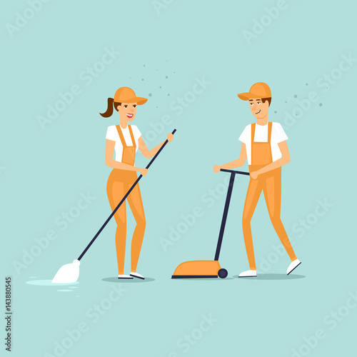 Cleaning company characters dressed in uniform with cleaning equipment. Vector illustration flat style.