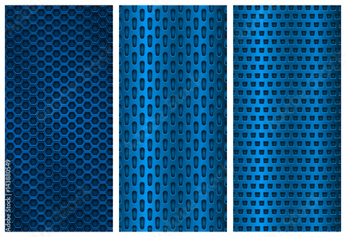 Blue metal perforated backgrounds. Brochure design templates. Steel flyer layouts