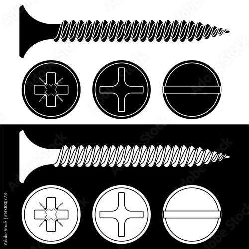 Wood screw. Black and white icons with screw heads photo