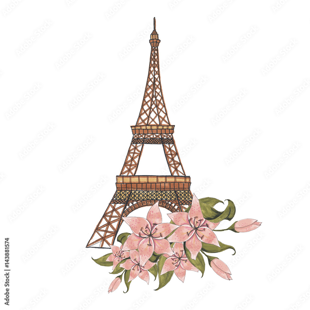 Eiffel Tower with Flowers HandPainted Isolated Illustration Stock
