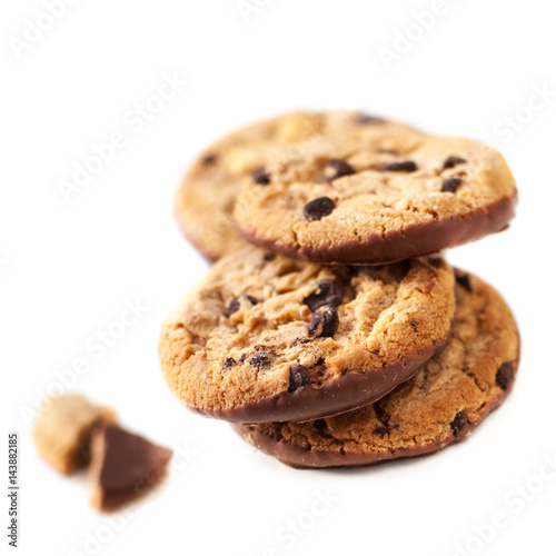 Chocolate chip cookies macro  isolated on white background. Cookies with chocolate chunks..