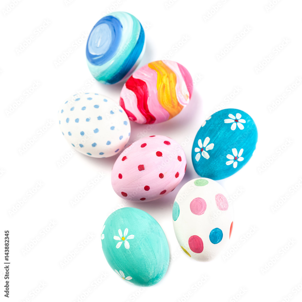 Colorful handmade Easter Eggs isolated on a white background  with copyspace. Happy Easter!.