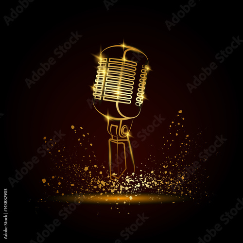 Golden microphone illustration on a black background. Music festival background for flyer, banner, billboard. Music group cover disk template.
