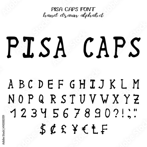Hand drawn alphabet, written grunge font with serifs: black capital letters, numbers, punctuation and signs of currency. Vector illustration