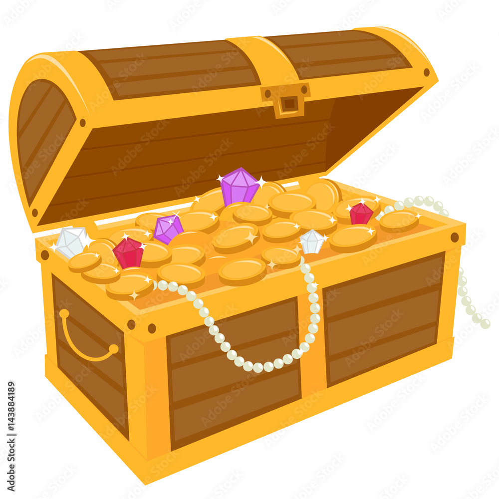 Treasure chest filled with gold coins and jewelry. Vector illustration ...