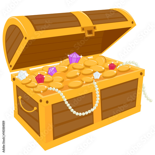 Treasure chest filled with gold coins and jewelry. Vector illustration