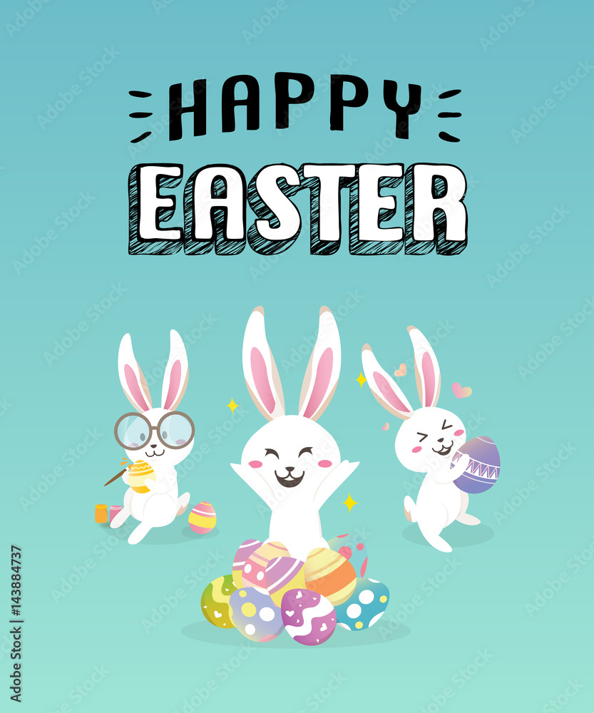 Obraz premium Happy easter day with white Easter rabbit.