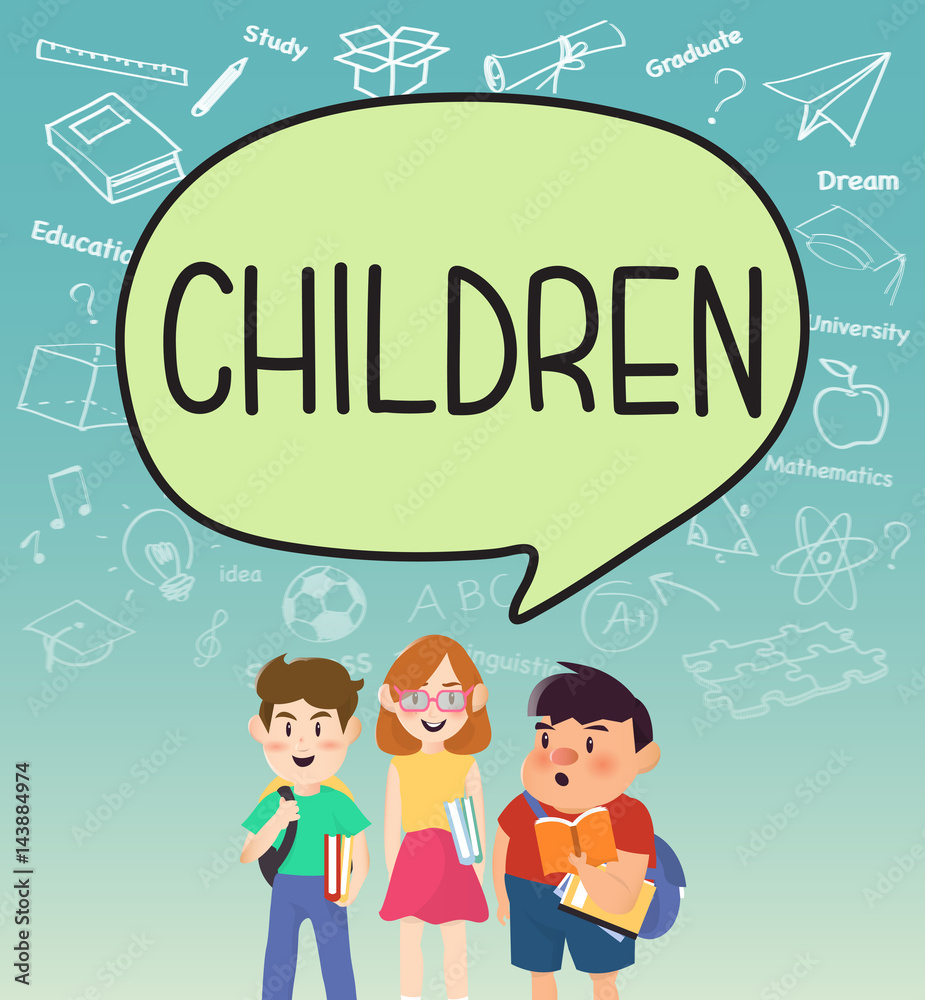 Girls and boys pupils with children on speakbubble. Girls and boys pupils with children on speakbubble.