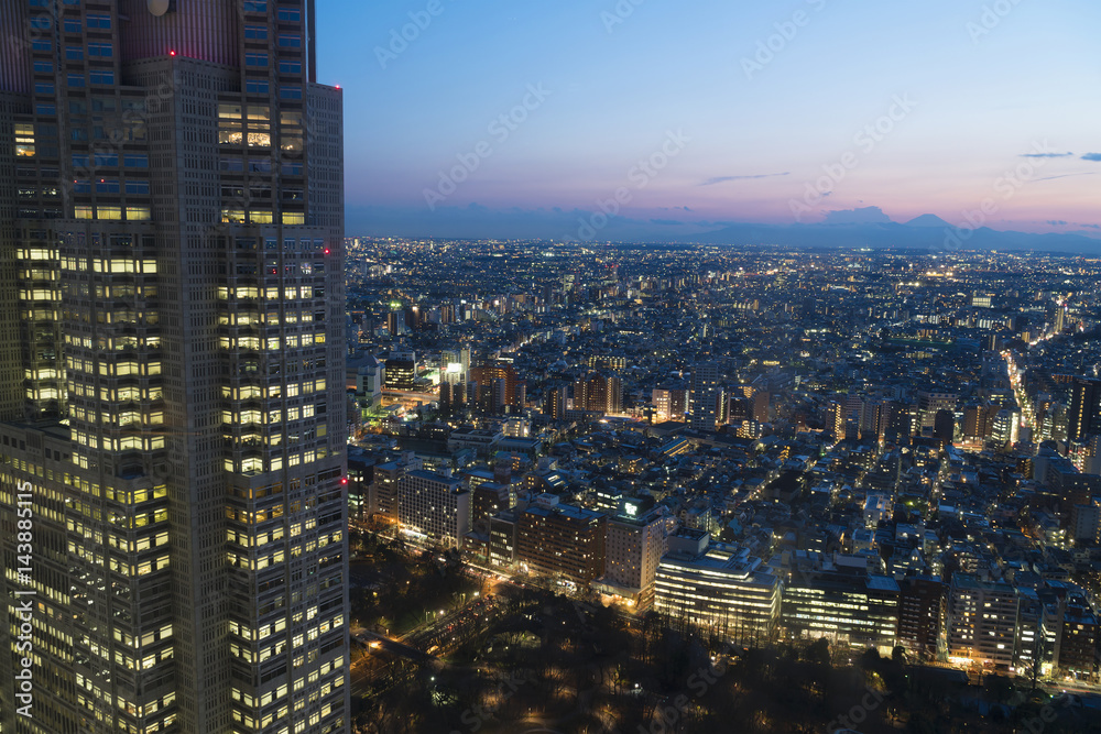 Obraz premium 東京都市風景 トワウライト 富士山と東京都庁 眼下に広がる街並