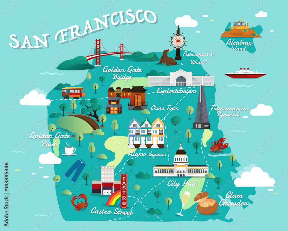 Obraz premium Mapa atrakcji San Francisco wektorowe i ilustracje.