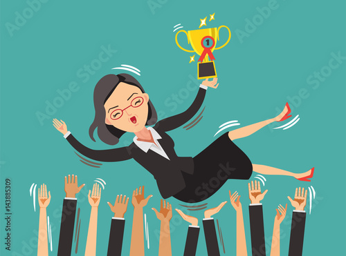 Business Woman Success women business leader with a trophy and his team celebrating their success.Isolated on white background.Vector illustrations