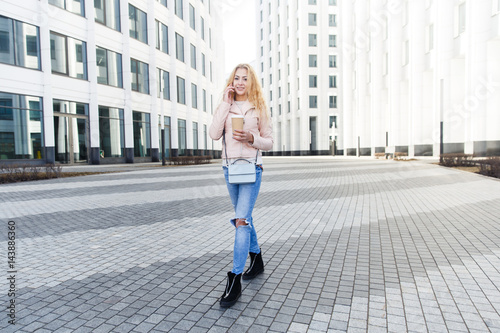 Happy woman with phone ,coffee