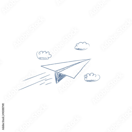Hand drawn sketch of paper plane flying between clouds. Pencil cartoon for  business concept of freedom, challenge or summer travel. Stock Vector |  Adobe Stock