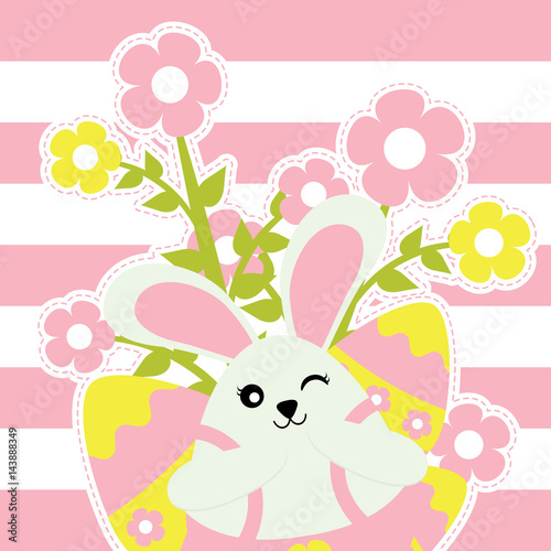 Easter card with cute bunny girl and flowers on pink striped background suitable for Easter postcard, wallpaper, and greeting card