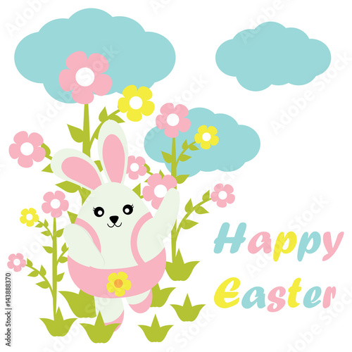 Easter card with cute bunny girl on flower garden on sky background suitable for Easter postcard, wallpaper, and greeting card