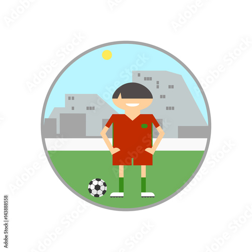 Football player on the field with the ball. Sign in round frame, vector