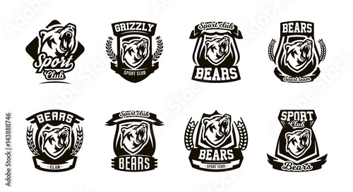 A set of logos, emblems, a growling bear.
