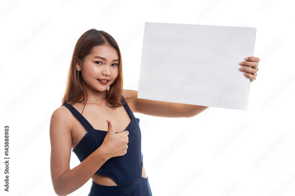 Young Asian woman show thumbs up with white blank sign. Young Asian woman show thumbs up with white blank sign.