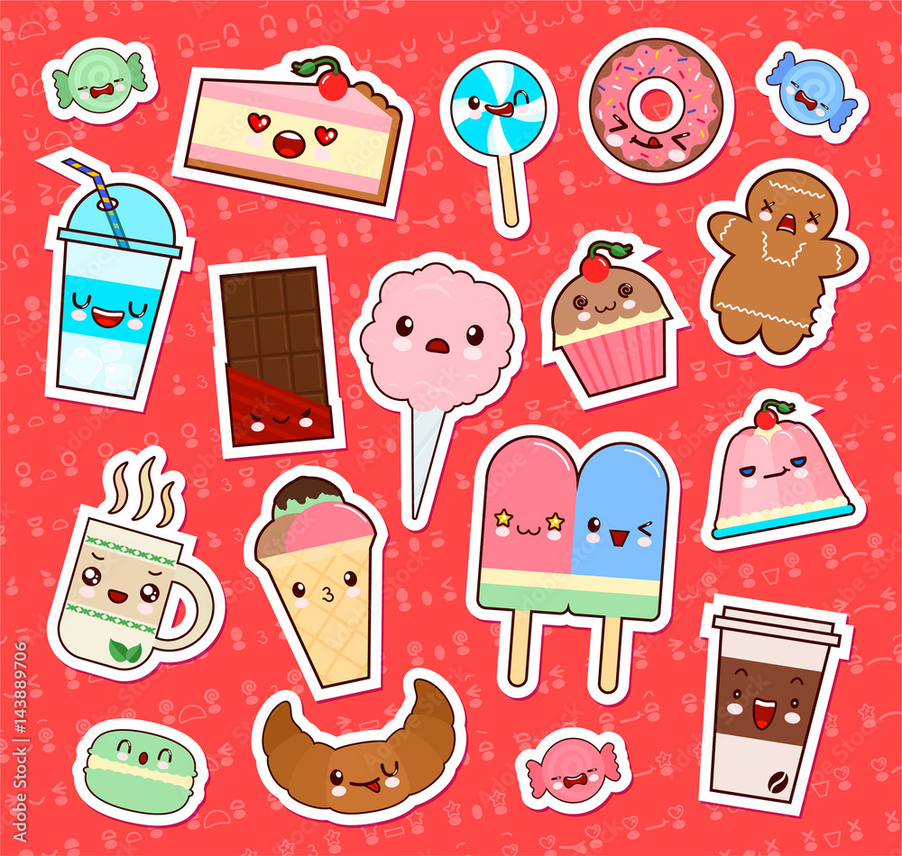 Set of cute kawaii food emoticon stickers. cupcake, ice-cream ...