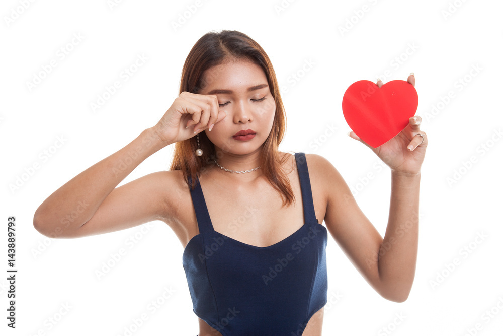 Asian woman sad and cry with red heart. Asian woman sad and cry with red heart.