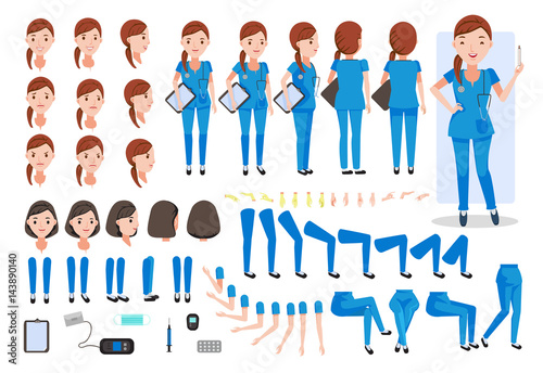 Nurse Nursing women  character creation set. Icons with different types of faces and hair style, emotions,  front, rear, side view of female person.Moving arms,legs.Sit,stand,walk  Vector illustration