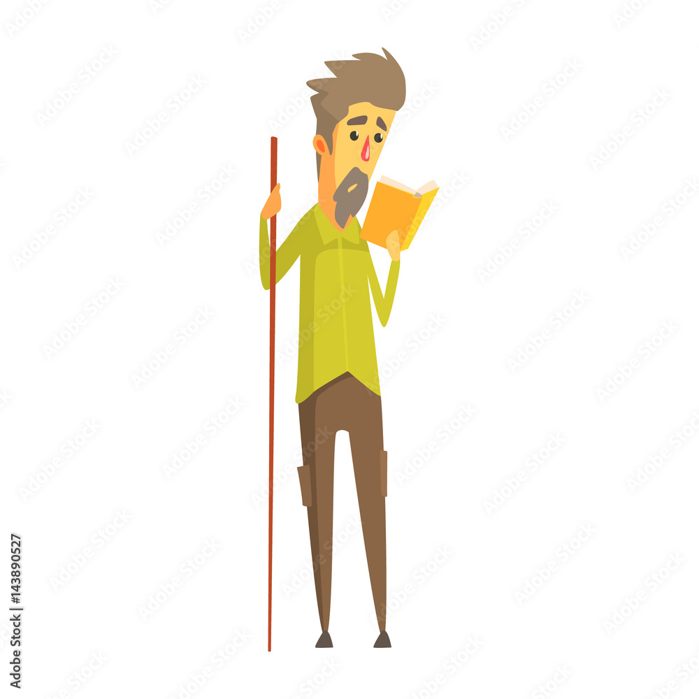 Bearded man holding a long wooden pointer and reading a book. Colorful cartoon character Bearded man holding a long wooden pointer and reading a book. Colorful cartoon character