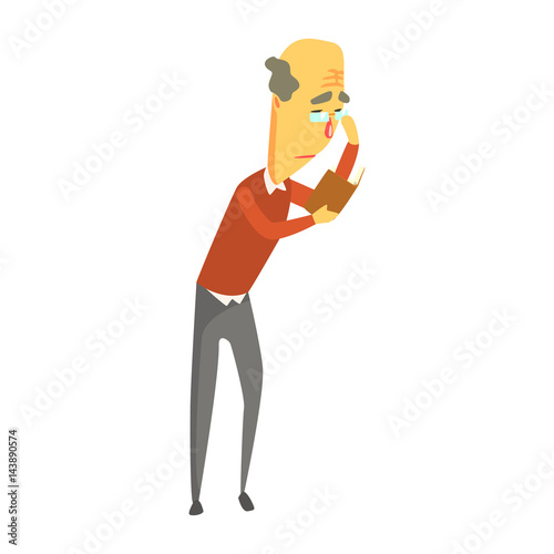 Senior man wearing glasses standing and reading a book. Colorful cartoon character