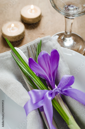 Fototapeta Naklejka Na Ścianę i Meble -  Table Setting With Fresh Flower and Candles.