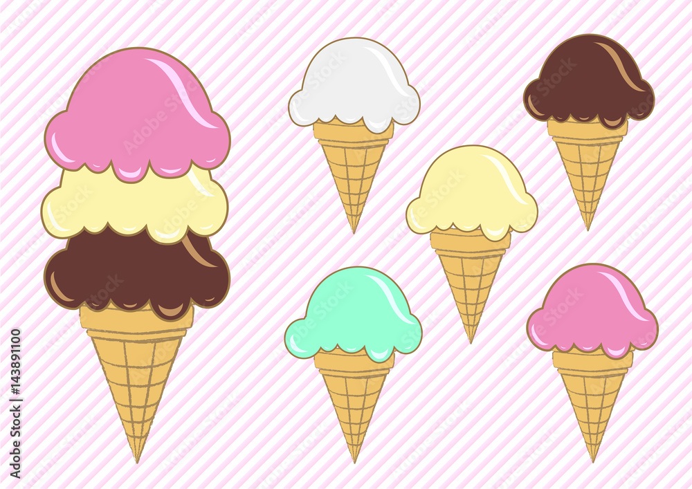 set of ice cream waffle cups. fruit pink, cream, white, chocolate brown, mint set of ice cream waffle cups. fruit pink, cream, white, chocolate brown, mint