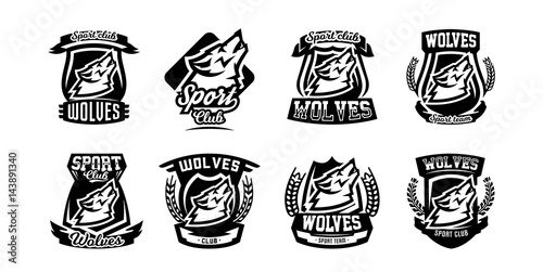 Collection of logos, emblems, howling wolf.