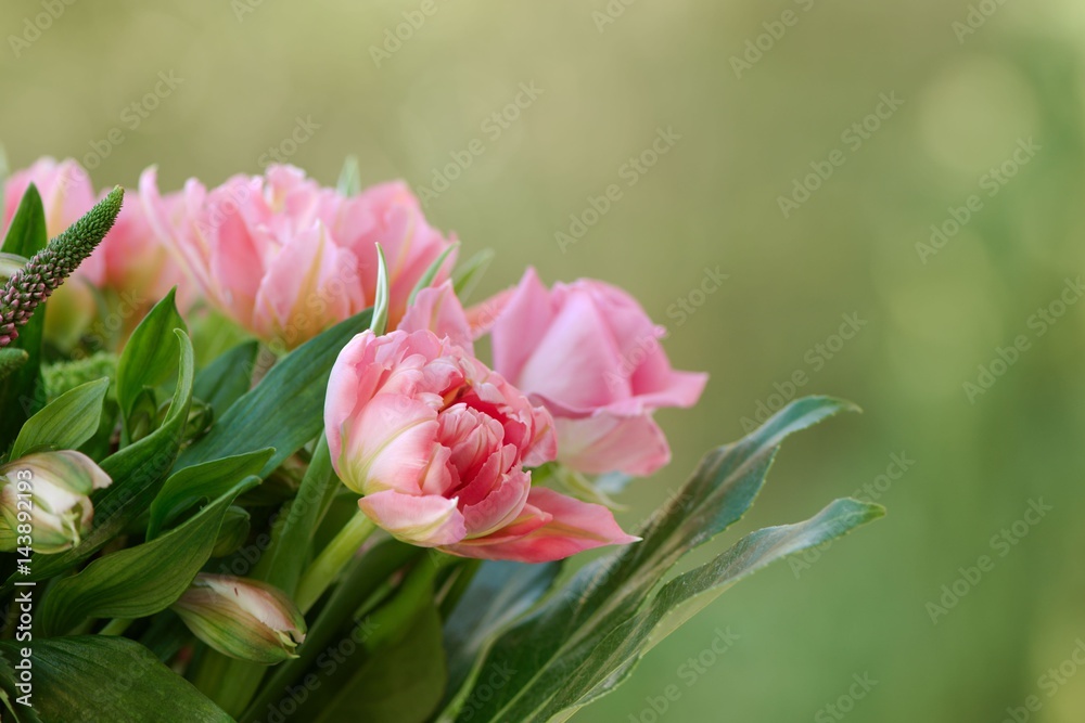 Bouquet of pink tulips and roses against green background. Card with copy space for text Bouquet of pink tulips and roses against green background. Card with copy space for text