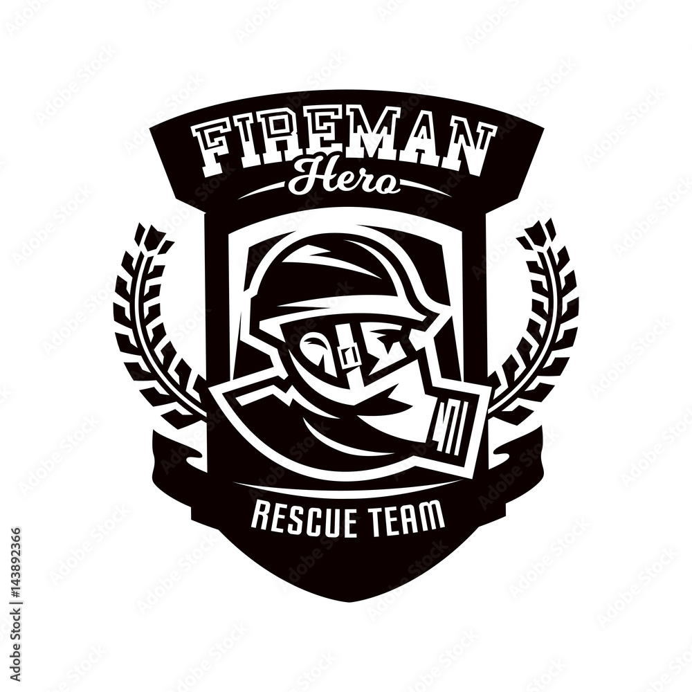 Obraz premium Monochrome logo, emblem, fireman in a gas mask.