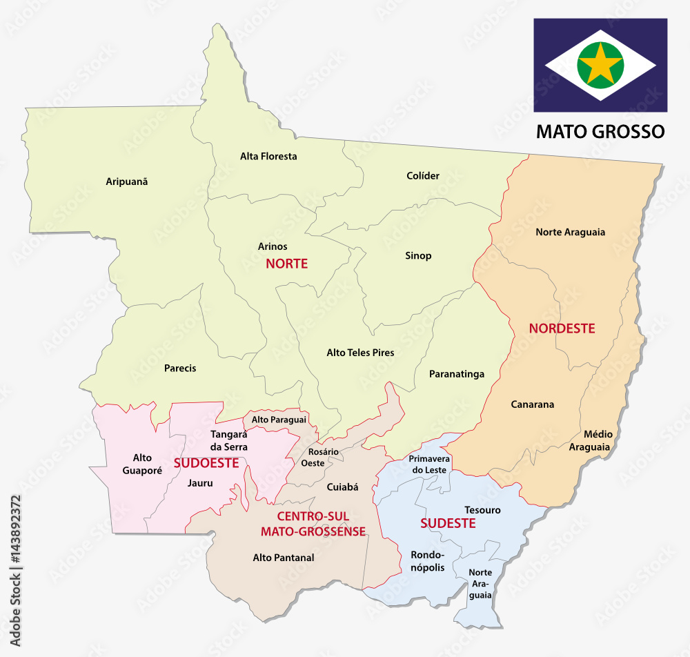mato grosso administrative and political map with flag