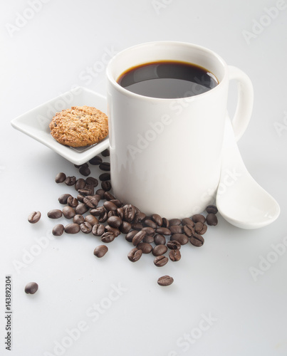 coffee or cup of coffee and cookie on background.