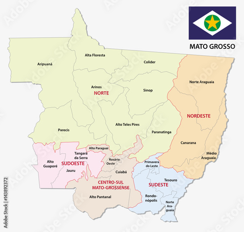 mato grosso administrative and political map with flag