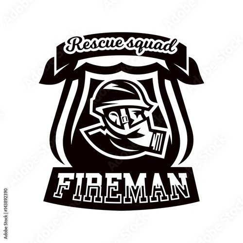 Monochrome logo, emblem, fireman in a gas mask.