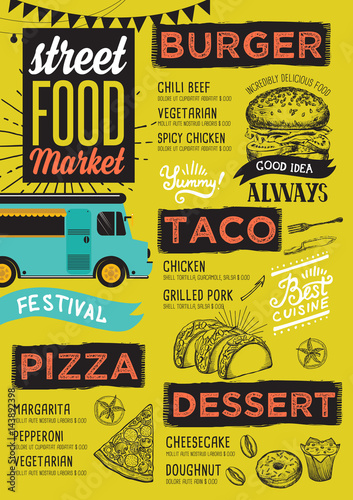 Street food menu, design template.