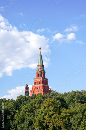 Oruzheynaya (Armory) Tower and Borovitskaya Tower (with a star) in Moscow, Russia