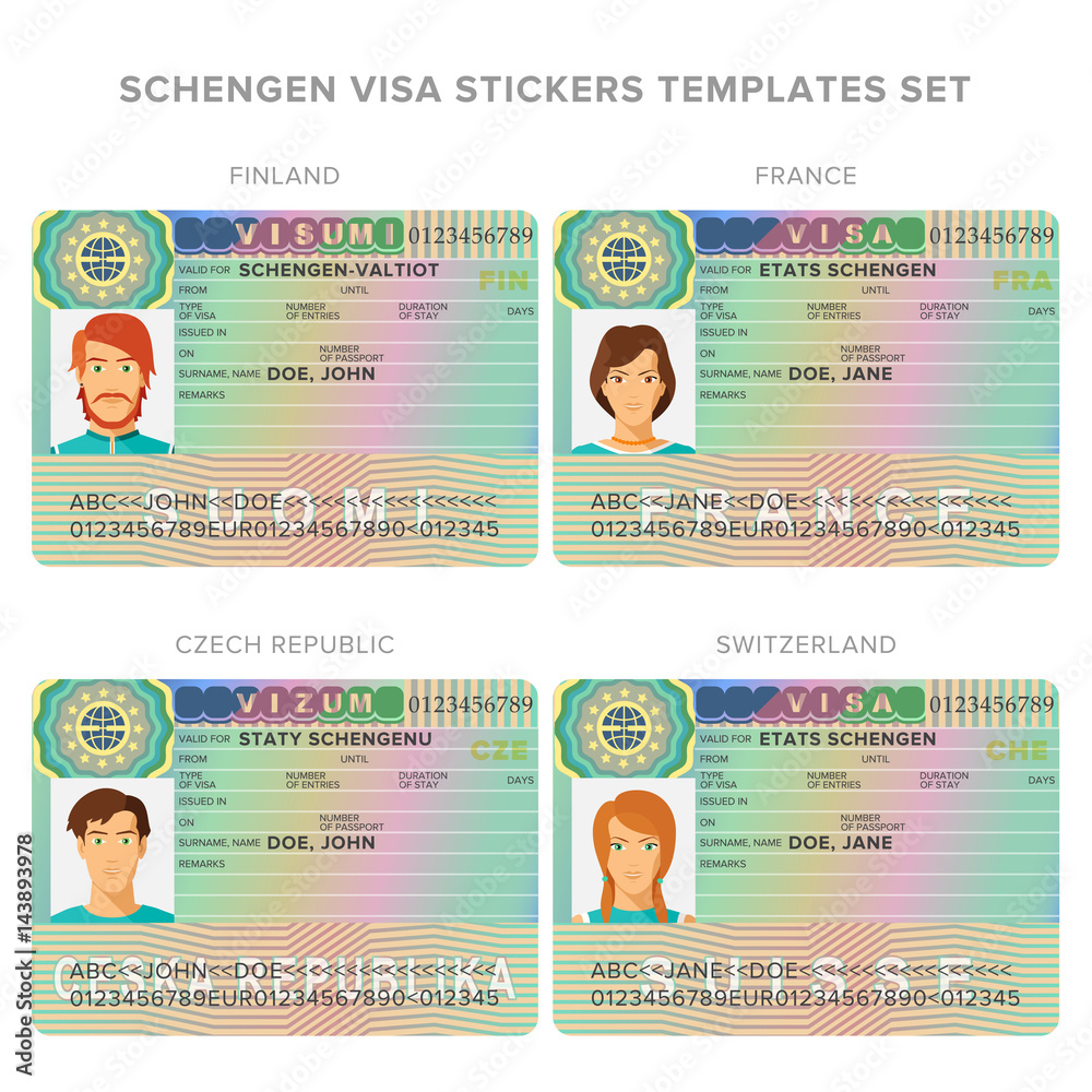 Schengen visa passport sticker templates for Finland, France, Czech  Republic, Switzerland set. Stock Vector | Adobe Stock