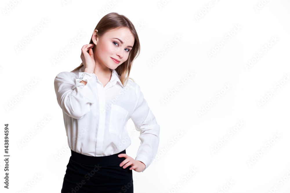 Young attractive business girl on a white background, space for text Young attractive business girl on a white background, space for text