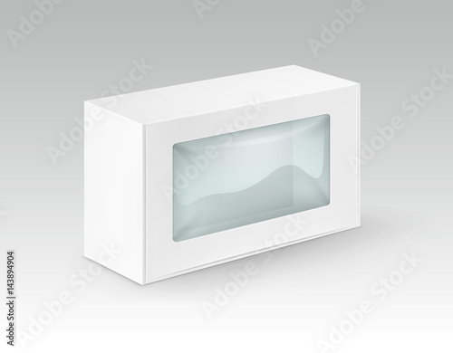 Vector White Blank Cardboard Rectangle Take Away Box For Sandwich, Food, Gift with Plastic Window Mock up