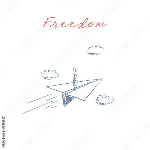 Businessman on a paper plane vector illustration as business concept of success, adventure, growth. Hand drawn sketch cartoon style.