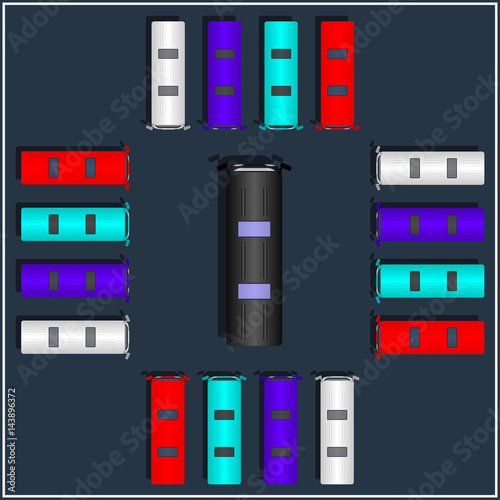 Set of various top view vector buses. Isolated transport icon.