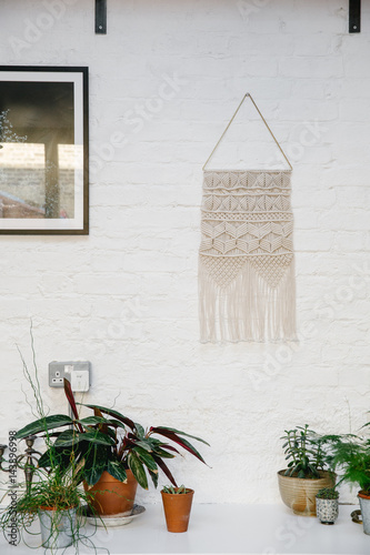 Interior with woven wall hanging with plants
