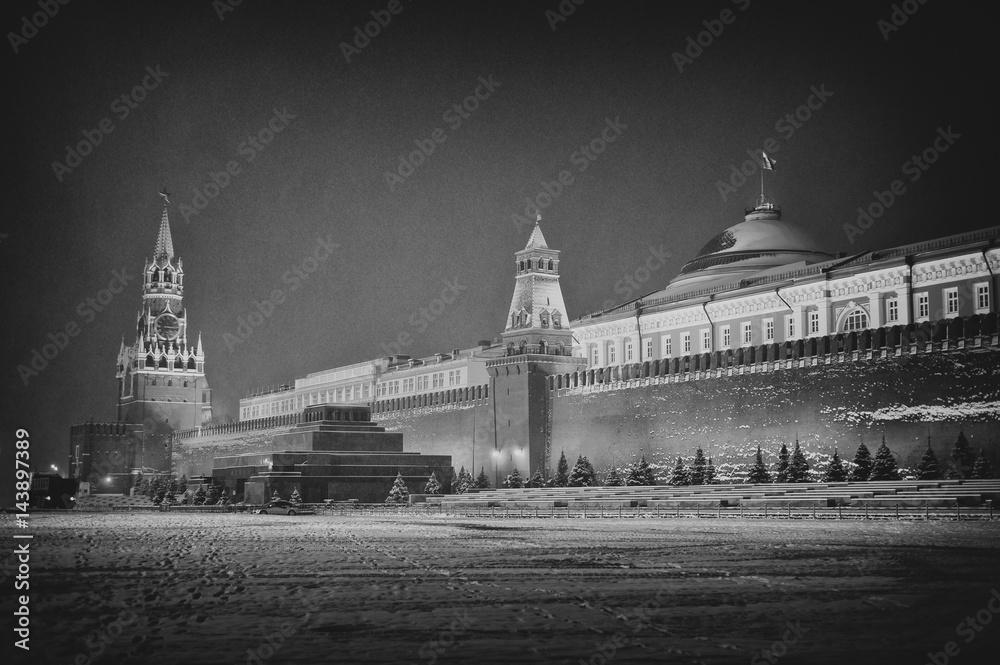 View of Red Square at winter black and white tonned, Moscow, Russia.