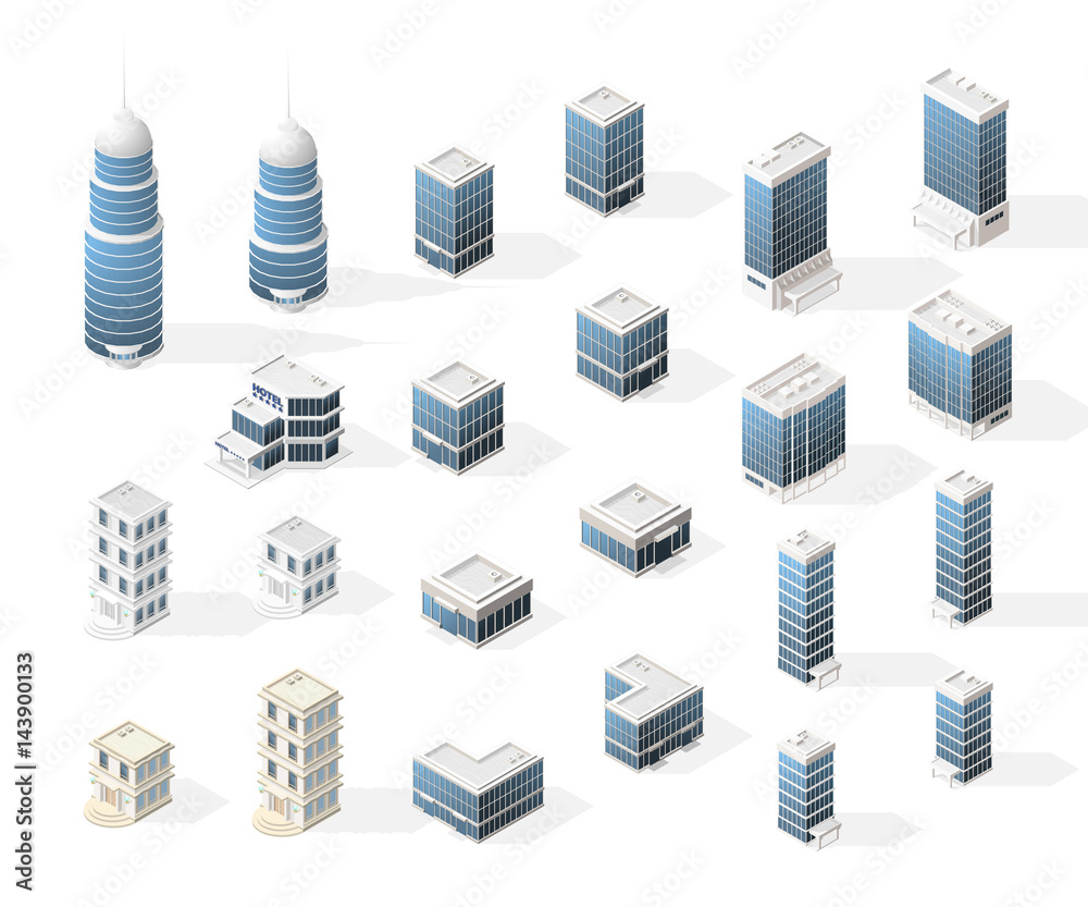 Collection of Realistic Isometric High Quality City Element for Map. Buildings