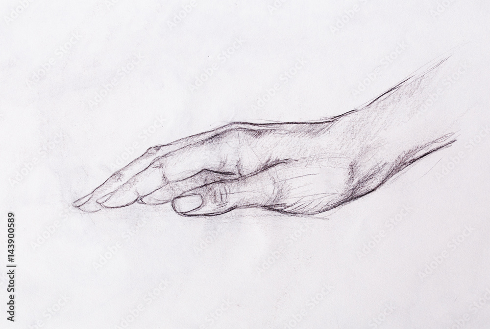 Drawing hand, pencil sketch on old paper.