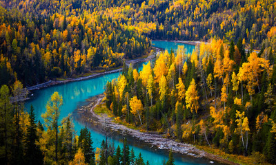 Wandcirkels Herfst Kleurrijke Moon Bay in Xinjiang  © jamesteoh.art